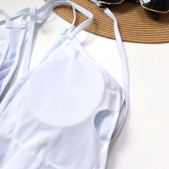 White Strappy Mesh Low Cut Palm Tropical Swimsuit - Picture 6 of 6